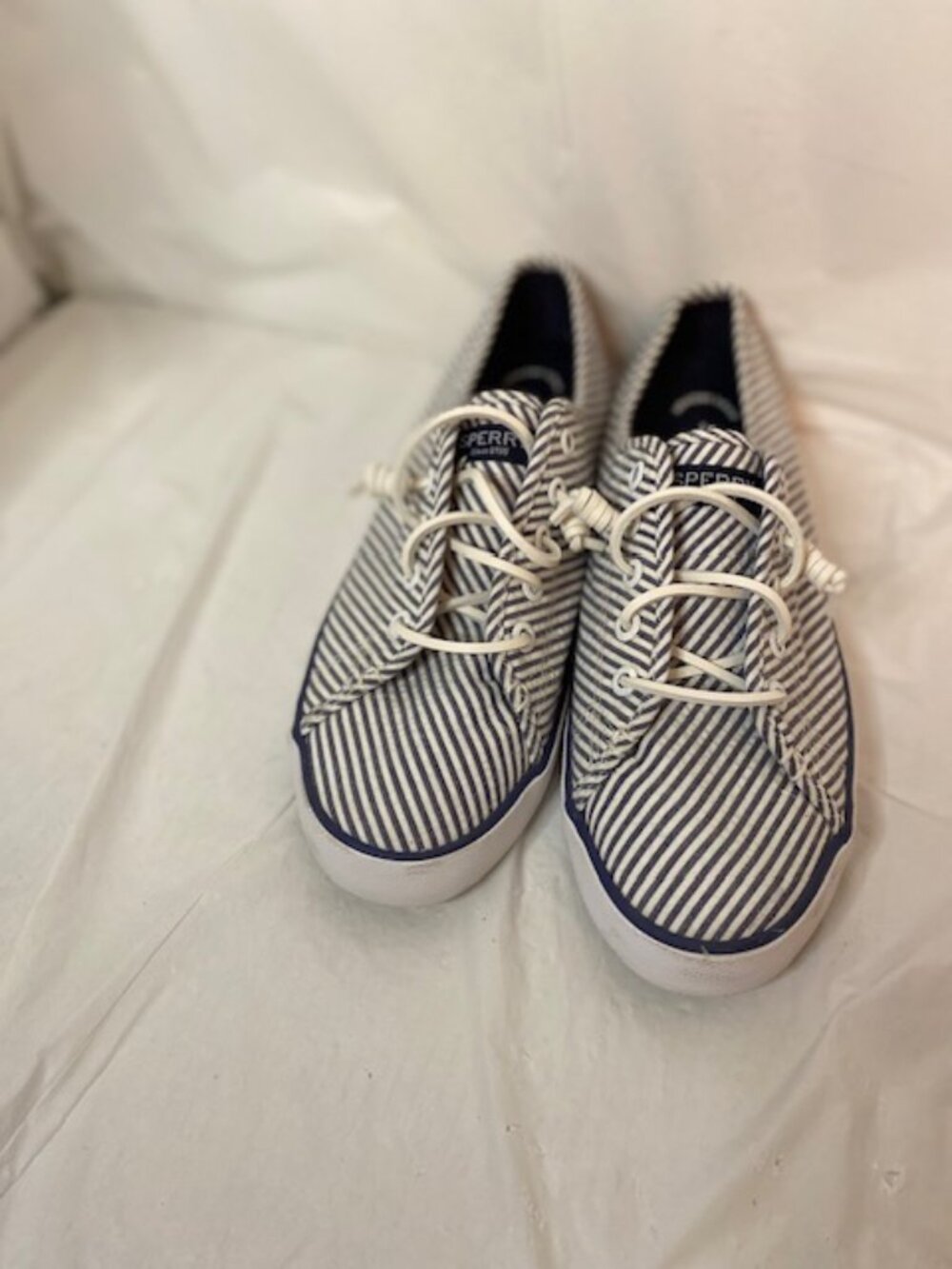 Sperry Women’s Pier View Blue & White Nautical Striped Canvas Sneakers, Size 9.5